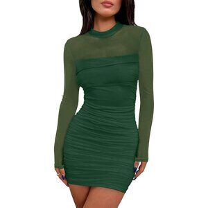 Women's Green Long Sleeve Ruched Bodycon Neck Mini Party Dresse
